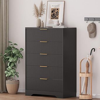 Fluted 5 Drawer Dresser for Bedroom, 47 in Tall Modern Chest of Drawers with Gold Metal Handles