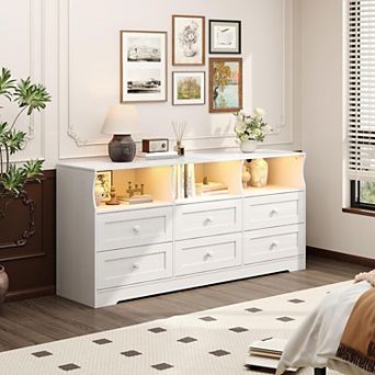 63 Inch 6 Drawer Dresser with RGB Lights & Power Outlet, Wooden Chest of Drawers with Open Shelves
