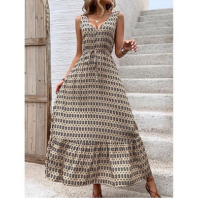 Women's Boho Ruffled Sleeveless Spaghetti Strap Dress V-Neck Diamond Print Flowy Long Dress