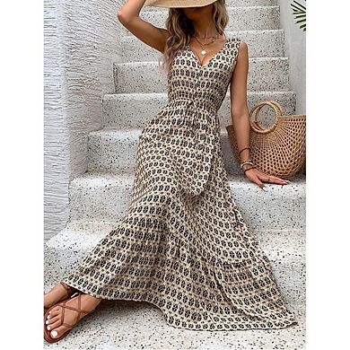 Women's Boho Ruffled Sleeveless Spaghetti Strap Dress V-Neck Diamond Print Flowy Long Dress