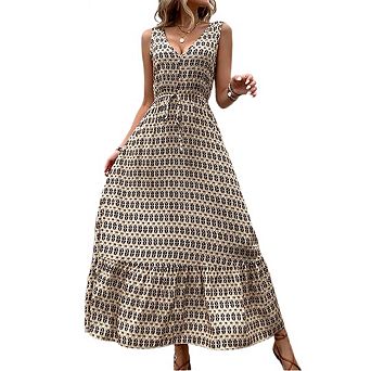 Women's Boho Ruffled Sleeveless Spaghetti Strap Dress V-Neck Diamond Print Flowy Long Dress