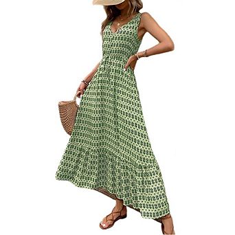Women's Boho Ruffled Sleeveless Spaghetti Strap Dress V-Neck Diamond Print Flowy Long Dress