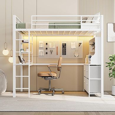 Twin Size Loft Bed with Desk, 4 Large Fabric Drawers and Open Shelves
