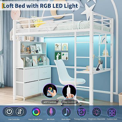 Twin Size Loft Bed with Desk, 4 Large Fabric Drawers and Open Shelves