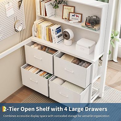 Twin Size Loft Bed with Desk, 4 Large Fabric Drawers and Open Shelves