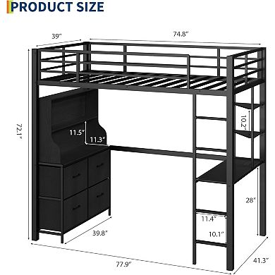 Twin Size Loft Bed with Desk, 4 Large Fabric Drawers and Open Shelves