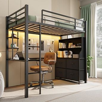 Twin Size Loft Bed with Desk, 4 Large Fabric Drawers and Open Shelves