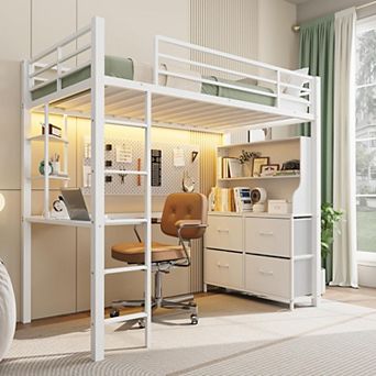 Twin Size Loft Bed with Desk, 4 Large Fabric Drawers and Open Shelves