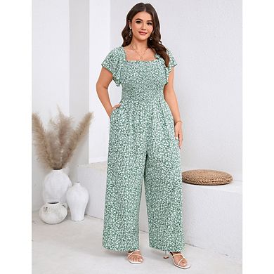 Women's Plus Size Casual Ruffle Sleeve Jumpsuit Square Neck Pleated Wide Leg Jumpsuit Set