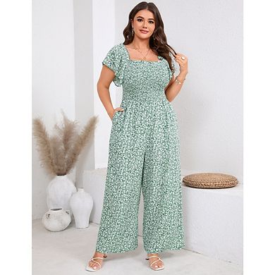 Women's Plus Size Casual Ruffle Sleeve Jumpsuit Square Neck Pleated Wide Leg Jumpsuit Set