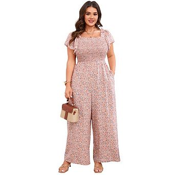 Women's Plus Size Casual Ruffle Sleeve Jumpsuit Square Neck Pleated Wide Leg Jumpsuit Set