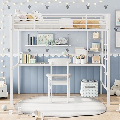 Twin Size Loft Bed with Large Desk and Storage Shelves, Heavy Duty Metal Loft Bed with Safety