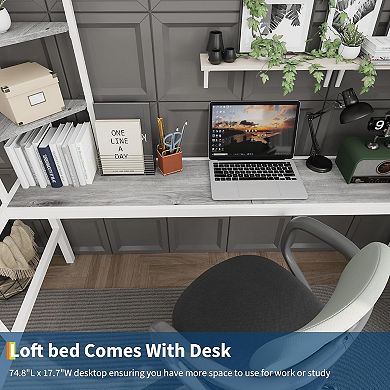 Twin Size Loft Bed with Large Desk and Storage Shelves, Heavy Duty Metal Loft Bed with Safety