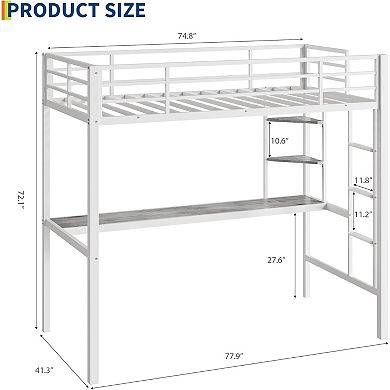 Twin Size Loft Bed with Large Desk and Storage Shelves, Heavy Duty Metal Loft Bed with Safety