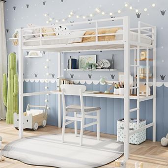 Twin Size Loft Bed with Large Desk and Storage Shelves, Heavy Duty Metal Loft Bed with Safety