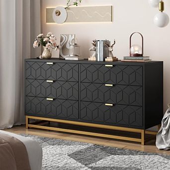 Dresser for Bedroom, 53.5" Large Dresser Organizer, 6 Drawer with Golden Metal Handle and Legs