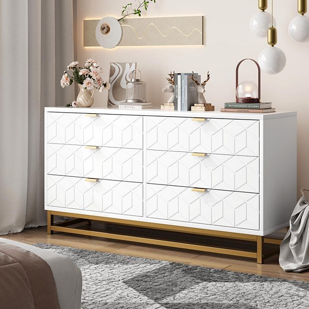 Dresser for Bedroom, 53.5" Large Dresser Organizer, 6 Drawer with Golden Metal Handle and Legs, Modern Chest of Drawers, White Dressers with Drawers