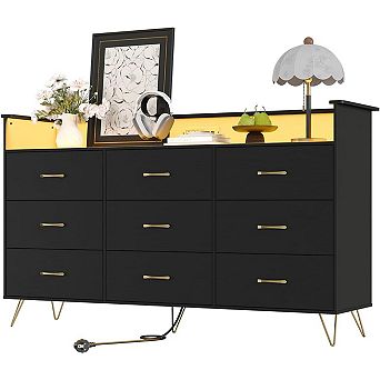 9 Drawer Wooden Dressers for Bedroom with LED Lights & Charging Station, Wood Chest of Drawers