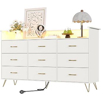 9 Drawer Wooden Dressers for Bedroom with LED Lights & Charging Station, Wood Chest of Drawers