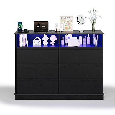 Modern 6-Drawer Dresser with LED Lighting, Charging Station & Spacious Storage