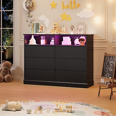 Modern 6-Drawer Dresser with LED Lighting, Charging Station & Spacious Storage