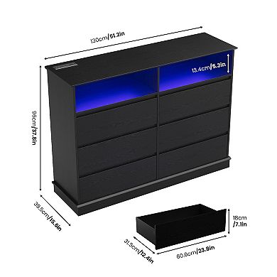 Modern 6-Drawer Dresser with LED Lighting, Charging Station & Spacious Storage