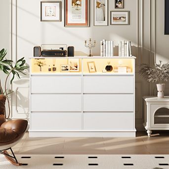 Modern 6-Drawer Dresser with LED Lighting, Charging Station & Spacious Storage