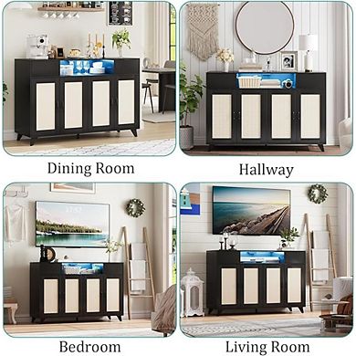 Sideboard Cabinet with 2 Drawers and Doors, Built-in Light and Power Outlet, Accent Storage Cabinet