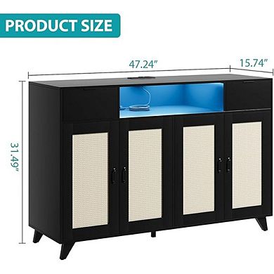 Sideboard Cabinet with 2 Drawers and Doors, Built-in Light and Power Outlet, Accent Storage Cabinet