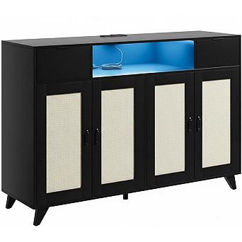 Sideboard Cabinet with 2 Drawers and Doors, Built-in Light and Power Outlet, Accent Storage Cabinet