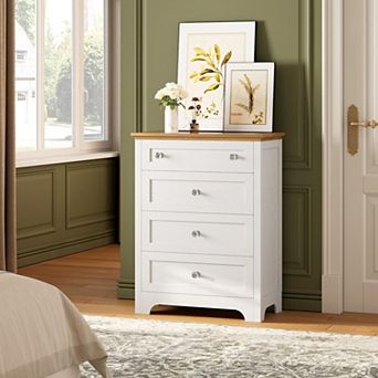 Drawer Dresser with LED Light - 4 Drawer Nightstand Cabinet with Night Light,Visible Glass Table-top