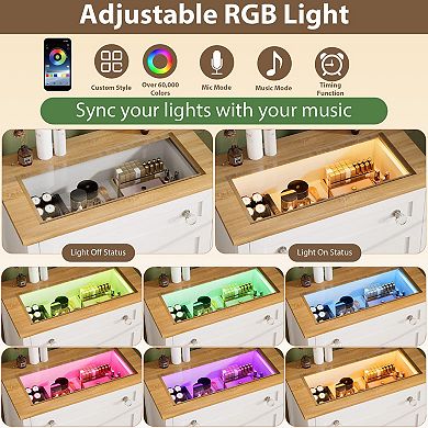Drawer Dresser with LED Light - 4 Drawer Nightstand Cabinet with Night Light,Visible Glass Table-top
