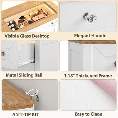 Drawer Dresser with LED Light - 4 Drawer Nightstand Cabinet with Night Light,Visible Glass Table-top