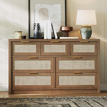 Rattan 7 Drawers Dresser for Bedroom, Wide Chests of Drawers with Golden Handles, Wood Drawers
