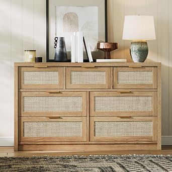 Rattan 7 Drawers Dresser for Bedroom, Wide Chests of Drawers with Golden Handles, Wood Drawers