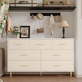 7 Drawer Dresser, Modern Chest of Drawer with Gold Metal Handles, Wood Dresser for Bedroom