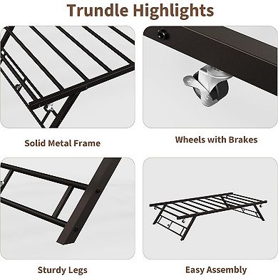 Trundle Bed Twin with Lockable Wheels, Pop Up Twin Trundle Bed, Sturdy Metal Foldable Bed Frame