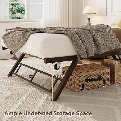Trundle Bed Twin with Lockable Wheels, Pop Up Twin Trundle Bed, Sturdy Metal Foldable Bed Frame