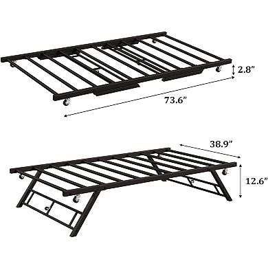 Trundle Bed Twin with Lockable Wheels, Pop Up Twin Trundle Bed, Sturdy Metal Foldable Bed Frame