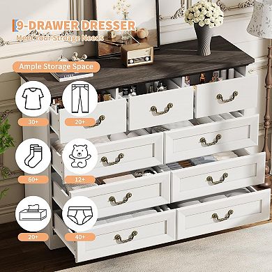 Rustic Farmhouse 9-Drawer Wood Dresser, Large Storage Organizer Chest