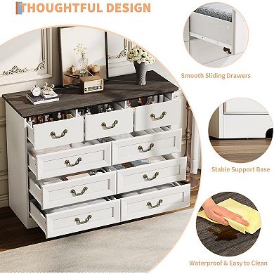 Rustic Farmhouse 9-Drawer Wood Dresser, Large Storage Organizer Chest