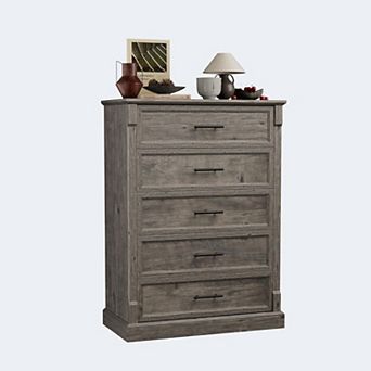 Farmhouse 5 Drawer Dresser for Bedroom, Tall Chest of Drawers with Metal Handles, Rustic Wooden