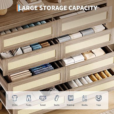 ANIXOL Modern Rattan 6-Drawer Wide Wood Dresser