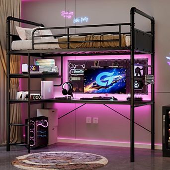 Twin Loft Bed with L-Shaped Desk & Storage Shelf, Heavy Duty Metal Frame for Adults