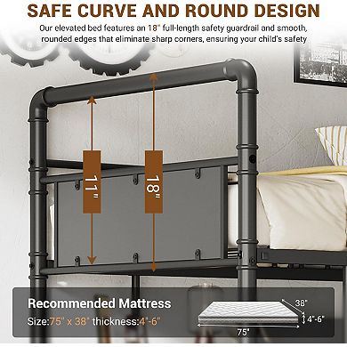 Twin Loft Bed with L-Shaped Desk & Storage Shelf, Heavy Duty Metal Frame for Adults