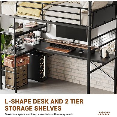 Twin Loft Bed with L-Shaped Desk & Storage Shelf, Heavy Duty Metal Frame for Adults