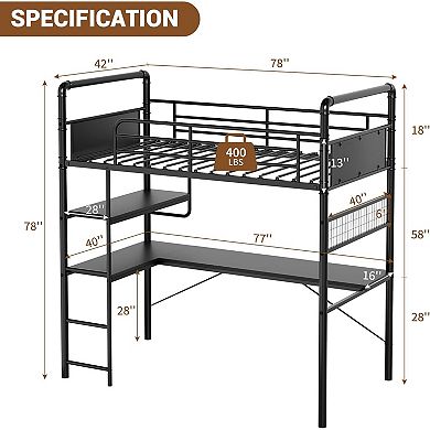 Twin Loft Bed with L-Shaped Desk & Storage Shelf, Heavy Duty Metal Frame for Adults