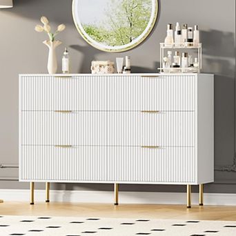 Fluted Wood 6-Drawer Dresser, Large Modern Chest with Gold Handles for Bedroom