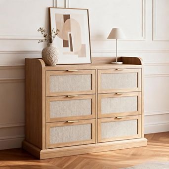 Farmhouse 6 Drawer Dresser for Bedroom, Rattan Chest of Drawers with Storage,Large Dresser Chest