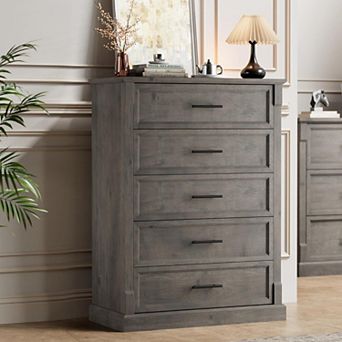 Tall 5-Drawer Farmhouse Dresser, Rustic Wood Storage Chest for Bedroom